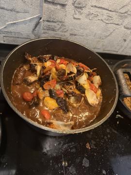 Everything combined and cooking together